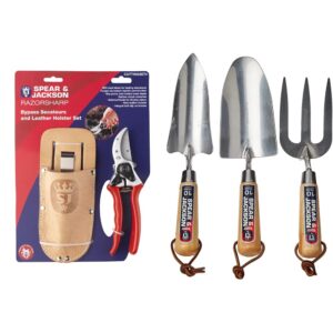 Spear & Jackson Razorsharp Professional Heavy Duty Bypass Secateurs and Leather Holster Set & Spear and Jackson 3056GS/12 Neverbend Stainless Hand Tool Gift Se