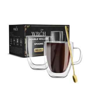 WBCH Double Walled Glass Coffee Mugs with 2 Gold Spoons