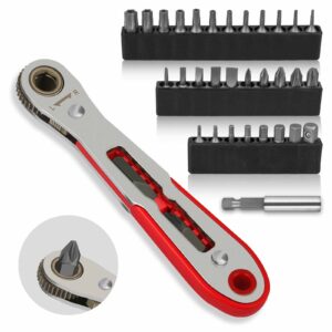 Hakkin 36-Teeth Ratchet Screwdriver 34PCS Mini Ratchet Wrench Screwdriver Set Close Quarters Ratcheting Screwdriver High Torque Offset Reversible Drive with S2 Steel Screwdriver Bits Set - Flat Head