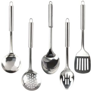 Sunallwell Cooking Utensils Set Heat Resistant Kitchen Stainless Steel Cooking Spoons Spatula Non-Stick Cooking Tools Includes Ladle Slotted Turner Skimmer Slotted Spoon Solid Spoo