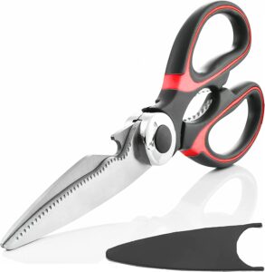 LUMOUS ROLA Heavy Duty Kitchen Scissors Sharp Multifunction Purpose Utility Stainless Steel Kitchen Shear with Cover Cooking for Food Herb Chicken Meat Fish Poultry Vegetables Household (Black Red)