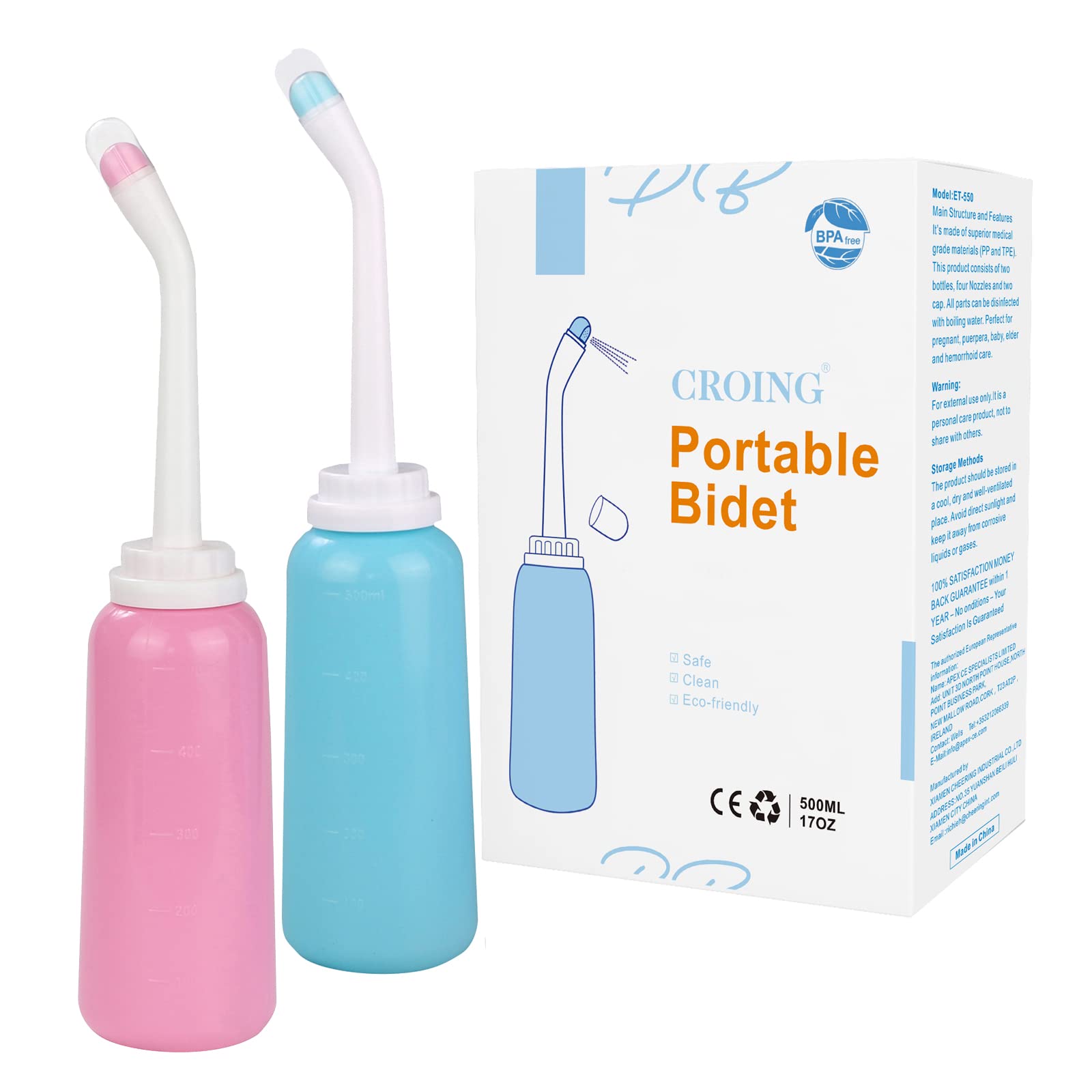 CROING- Pack of 2-500ml Portable Bidet Bottle for Postpartum Essentials (Green and Pink)