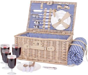 Wicker Picnic Basket for 4 Picnic Set with Large Insulated Cooler Compartment & Waterproof Blanket & Cutlery Service Kit Willow Picnic Hamper Set for Camping Outdoor Birthday Party