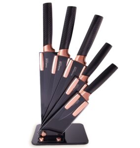 Kitchen Knife Block Set Copper 5 Piece Set with Knives Clear Acrylic Block Stainless Steel Blades - by Nuovva