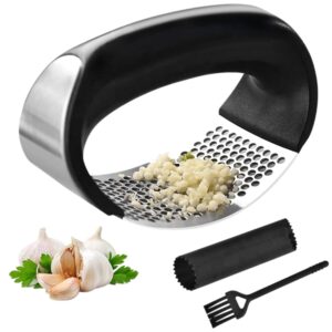 TMGLOBLE Stainless Steel Garlic Press Crusher - Professional Kitchen Garlic Rocker Press Good Grip Garlic Mincer - Heavy Duty Kitchen Gadgets with Cleaning Brush & Silicone Garlic Peele