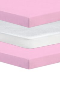 Next To Me Compatible Crib 3 Pack (83-85 x 50-51 cm) - 2x 100% Pure Cotton Crib Fitted Sheets & 1 Waterproof Mattress Protector with 150 GSM Terry Fabric (Pink)
