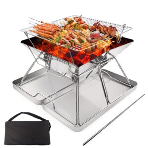 ZHZIRO BBQ Fire Pit Portable Campfire Pit Collapsible Stainless Steel Grill for Camping Picnic Patio Backyard and Garden with Fire Tube Carrying Bag(with Iron Carry Box)