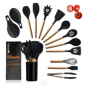 Xander’s Kitchen Silicone Utensil Set 14 Pieces – Bamboo Kitchen Utensils – Wooden Kitchen Accessories Made with Food Grade Silicone and Wooden Handle – Heat-Resistant Silicone Utensils – Utensil Se