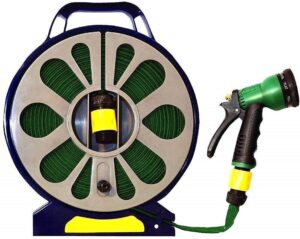 Ram® 15M Lightweight Flat Garden Hose Pipe & Reel with Spray Nozzle 15m – Compact Hose Pipe Reel - Outdoor Mini Hose Gun with Adjustable Spray Gun - Hosepipe & Reel Easy Storage for Garde