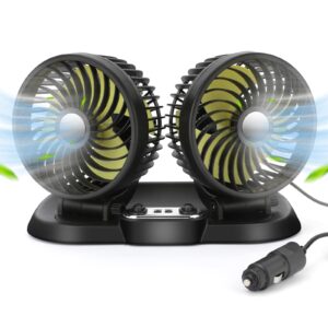 12V Electric Car Fan Car Cooling Fan 360 ° Rotatable Dual Head Automobile Fans 2 Speed Adjustable Powerful Low Noise Portable Car Fan for Truck Car SUV RV Boat Auto Vehicles