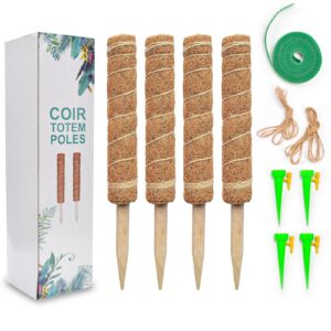 Humbgo Moss Pole for Monstera Indoor Plants - 4 Pcs 40CM/15.7 Inch with 2M Ties 4M Rope 4 Plant Watering Spikes Totem Pole Plant Climbing Coco Coir Poles to Support Indoor Plants to Grow Upwards