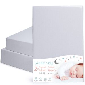 Crib Sheets 50x90cm Fully Fitted and 100% Organic Cotton Completely Natural Crib Sheets Grey color Set of 2 Ultra-soft and Comfortable for Your Baby 50 x 90 cm size