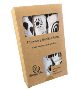 Muslin Squares Bamboo in Black and White Pack of 3 Sensory Muslins for babies Visual Development and Stimulation!… (Black/White