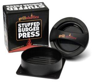 Grillaholics Stuffed Burger Press and Hamburger Maker - Non Stick Hamburger Patty Maker - Make Up to Half Pound Regular and Stuffed Burgers in Seconds