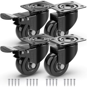 GBL Heavy Duty Castor Wheels with 2 Brakes + Screws - 50mm up to 200KG - Pack of 4 No Floor Marks Silent Caster for Furniture - Rubbered Trolley Wheels - Black Castors