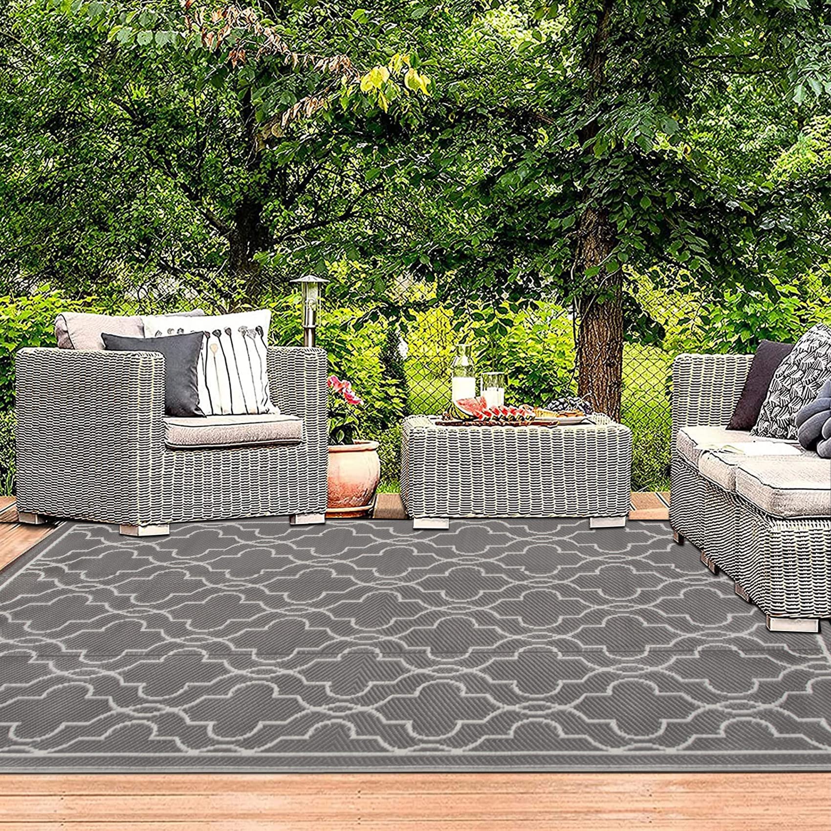 Cekene Outdoor Rug 4’x6’ Reversible Mats Plastic Straw Rugs Easy to Clean Patio Rug Large RV Camping Mat Area Floor Rug for Backyard Picnic Trailer Deck Picnic BBQ