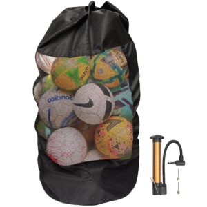 Bramble - Heavy Duty Extra Large Mesh Net Drawstring Ball Bag with Adjustable Straps & Ball Pump - 15 Football