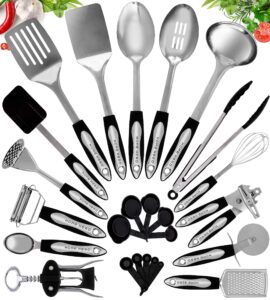 25 pcs Kitchen Utensils Stainless Steel - Non-Stick Kitchen Utensils Set - Stainless Steel and Silicone Cooking Utensils Set - Kitchen Tools Gadgets Accessories Spoons Turners Spatula Ladle Se