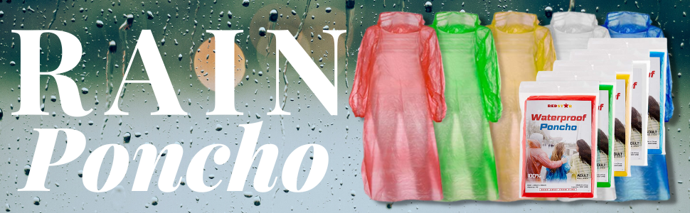 Waterproof and disposable rain poncho for adults in packs of 5 with adjustable hood and cuffs