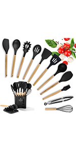 Silicone Kitchen Utensils Set,Wooden Handles Spatula,Silicone Spatulas,Cooking Kitchen Tool Gadget