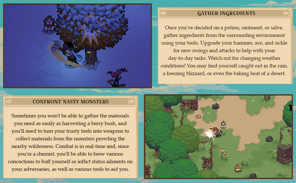 Potion Permit Screenshots with descriptive text about in game features