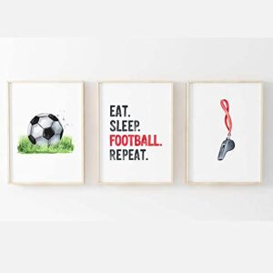 Boys Football Poster Prints Wall Art | Football Accessories Bedroom | Children's Artwork | Set of 3 - [Frames Not Included] (A4 Red)