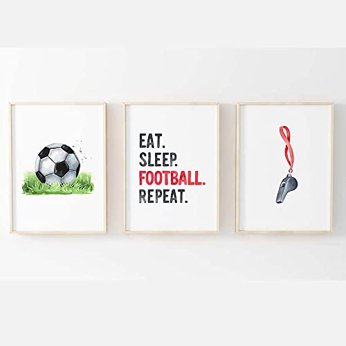 Boys Football Poster Prints Wall Art | Football Accessories Bedroom | Children's Artwork | Set of 3 - [Frames Not Included] (A4 Red)