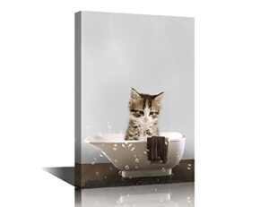 Funny Cat Poster Bathroom Decor Wall Art Decor Funny Cat Paintings Artwork Modern Home Decor Canvas Print for Home Living Room Dining Room Prints Stretched and Framed Ready to Hang - 18"W x 12"H