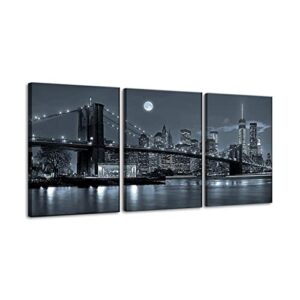 Black and White New York Brooklyn Bridge Photo 3 Panel Canvas Wall Art Cityscape Night View Poster Abstract Pictures Modern Home Office Decoration Frame Artwork (12"x16"x3PCS)