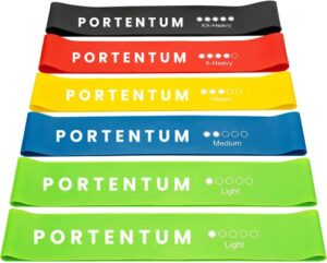 PORTENTUM Resistance Bands [Set of 6] Skin-Friendly Resistance Fitness Exercise Loop Bands with 5 Different Resistance Levels - Carrying Case Included - Ideal for Gym
