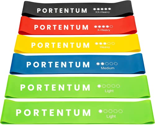 PORTENTUM Resistance Bands [Set of 6] Skin-Friendly Resistance Fitness Exercise Loop Bands with 5 Different Resistance Levels - Carrying Case Included - Ideal for Gym