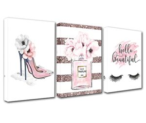 Women Fashion Canvas Wall Art for Living Room Decor Set of 3 High Heels Eyelashes Perfume Poster Print Framed Artwork Wall Decor Girls Dressing Room Wall Pictures Home Decor 42x20 Inch