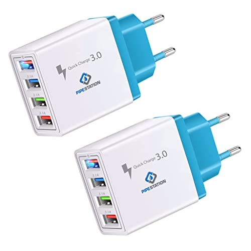 Pipestation® EU to USB Travel Adapter Charger – 2 Pack | 2 Pin Euro Adaptor - 4 USB Ports | European Type C Plug Holiday Universal Power Charging for iPhone Samsung Smartphone Tablet Shaver Toothbrush