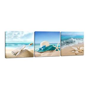 Wieco Art 3 Panels Starfish Seashell Bottle Beach Pictures on Canvas Wall Art Modern Seascape Stretched and Framed Canvas Prints Seaview Landscape Artwork for Bedroom Home Office Decorations