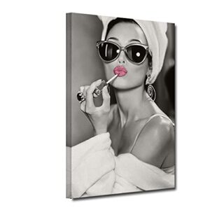 Audrey Hepburn Canvas Artwork Vintage Pink Lipstick Makeup Wall Art Black and White Cute Lips Art Print Modern Home Wall Decor for Living Room Bedroom