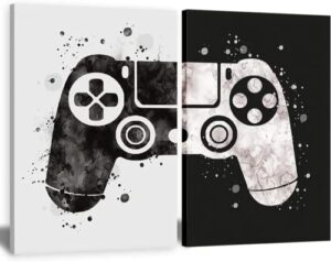 HONEYBABY Framed Gamepad Canvas Wall Art Video Game Themed Pictures Painting Artwork Gaming Black and White Boys (16 * 24)