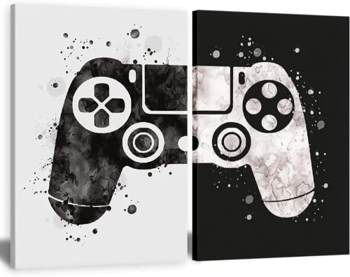 HONEYBABY Framed Gamepad Canvas Wall Art Video Game Themed Pictures Painting Artwork Gaming Black and White Boys (16 * 24)