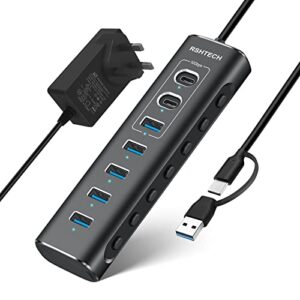 Powered USB 3.1/3.2 Hub RSHTECH 7-Port USB C Hub with 10Gbps USB-A and 2 USB-C Data Ports + 4 USB 3.0 Port