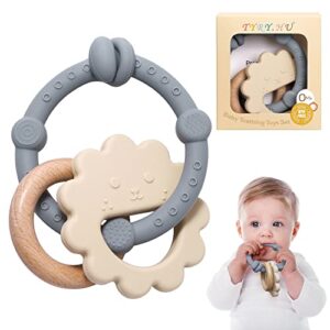 TYRY.HU Teething Toys for Baby Teething Ring Silicone Teething Bracelet Detachable Multi Texture Easy to Hold Relief Toy with Wooden Animal Girls Boys Teether BPA Free 0+(Grey)