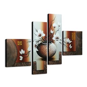 Wieco Art - Large Size Decorative Elegant Flowers 4 Panels 100% Hand Painted Modern Contemporary Artwork Floral Oil Paintings on Canvas Wall Art for Home Decorations Wall Decor L