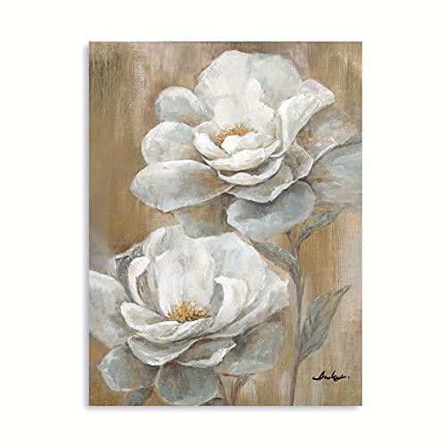 Floral Canvas Wall Art Peony Flower Picture Abstract White and Gold Painting Giclee Print Artwork Home Decor for Bedroom Bathroom Ready to Hang 30 x 40 x 1 Panel