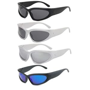 Carreuty 4Pcs Wrap Around Sunglasses UV400 Shades Outdoor Sport Sunglasses Y2K Stylish Polarised Oval Sunglasses HD Vision Sunglasses for Men Women Running Cycling Fishing Golf