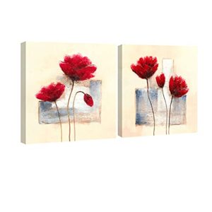 Wieco Art - Charming Spring Modern 2 Panels Stretched and Framed Giclee Canvas Prints Artwork Abstract Floral Oil Paintings Style Picture Photo on Canvas Wall Art for Bedroom Home Decorations 2pcs/se
