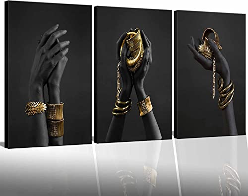 HONEYBABY Framed African Canvas Wall Art Black Woman Portrait Gold Jewelry Necklace Bracelet Pictures Artwork Painting Poster Prints Modern Art Decor Painting for Living room Bedroom Home Deco