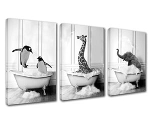 Contemporary Wall Art Black and White 3 Pieces Wall Art Decor Animal Pictures Two Penguin Play in the water Canvas Modern Artwork Giraffe Elephant Take a bath Home Decor for Living Room-42''x20''