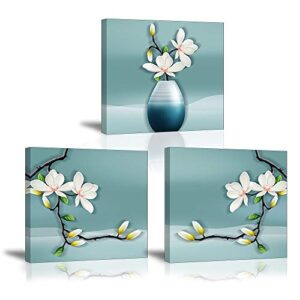 Piy Painting 3 Pieces Modern Canvas Painting Wall Art For Home Decoration Elegant Magnolia Flowers Print On Canvas Pink Floral in Blue vase Artwork For Wall Decor Living Room Bedroom Home 30x30cm
