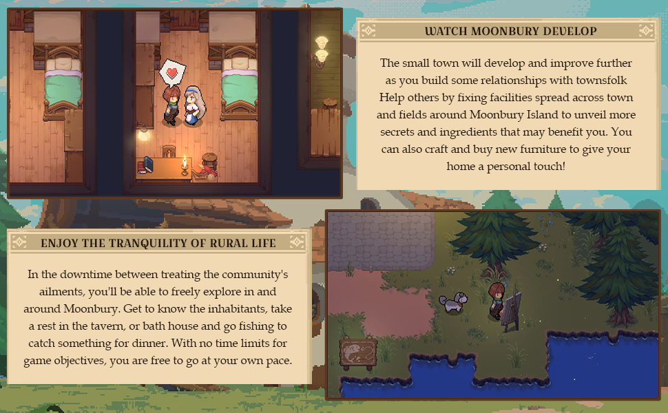 In game screenshots about brewing remedies and petting the dog