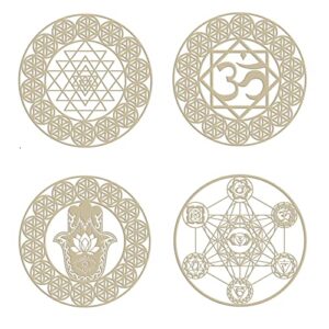 12" Meditation Accessories Wooden Wall Art 4 Pieces Sacred Geometry Seven Chakras Artwork Crystal Grid Board Flower of Life Hamsa Hand Sri Yantra Union Sun Moon Home Decor for Yoga Spiritual Gifts
