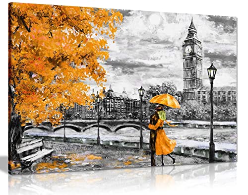 London Oil Painting Artwork Reproduction Big Ben Orange Umbrealla Canvas Wall Art Picture Print Home Decor 61x41 cm (24x16in)