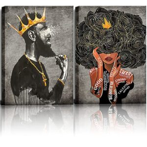 HONEYBABY Framed African American Wall Art Black King and Queen Men Women Girl Canvas Wall Art Painting Picture Artwork Inspirational Afro Poster Wall Art Decor for Living Room Bedroom Office Home
